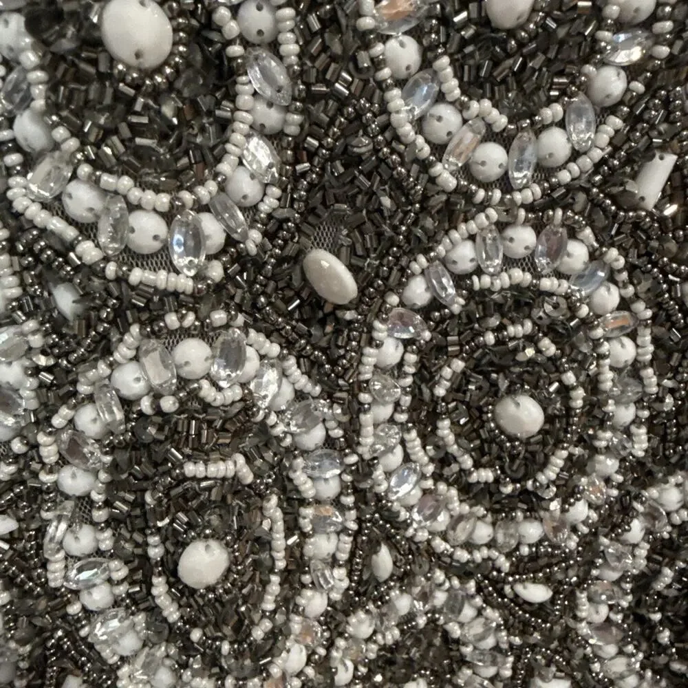 NWT Basix Black Label Fully Hand Beaded Sequin Dress Gown Gray White Size 14